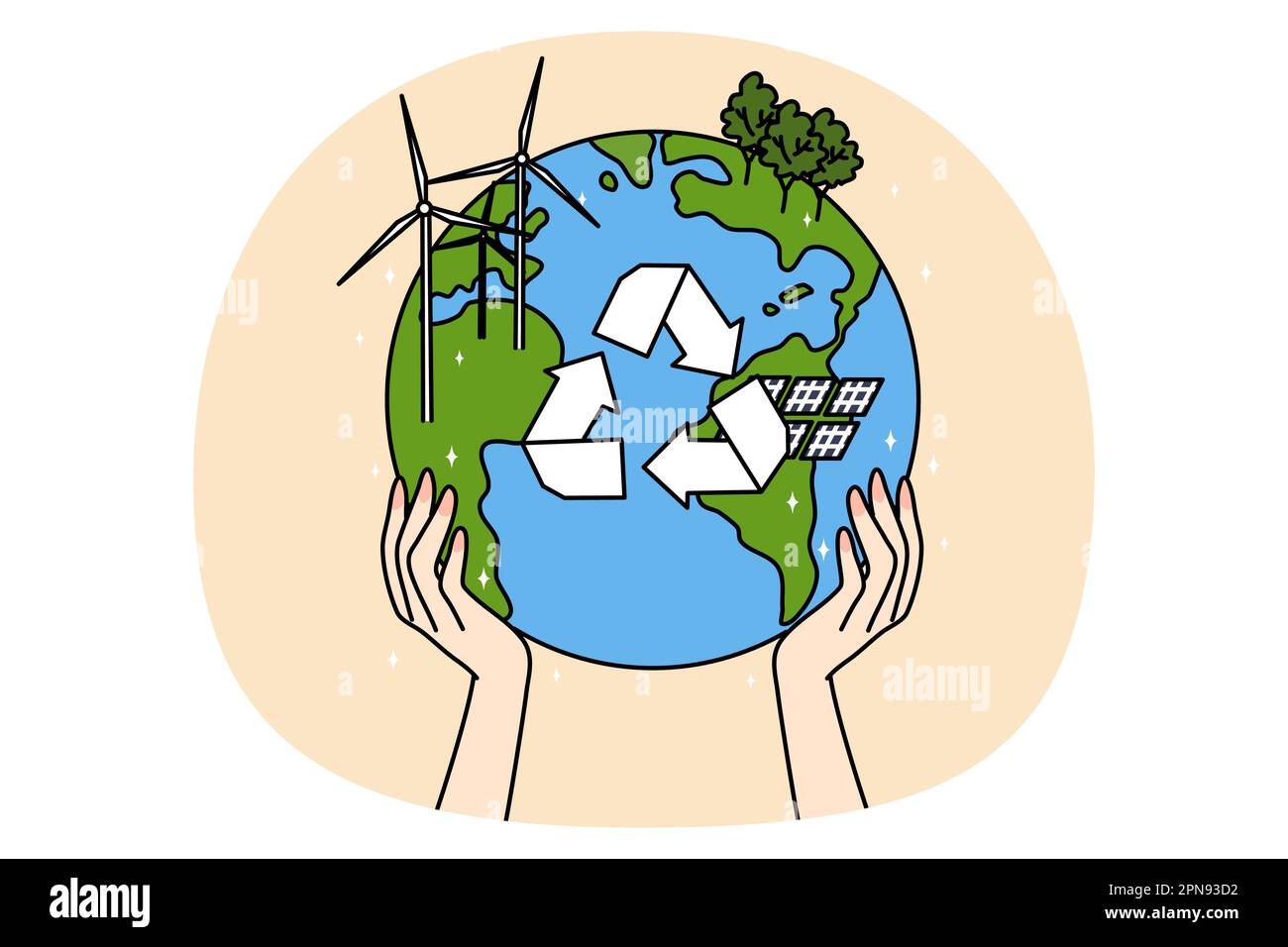 Person hands hold earth globe with recycle sign in middle. Concept of