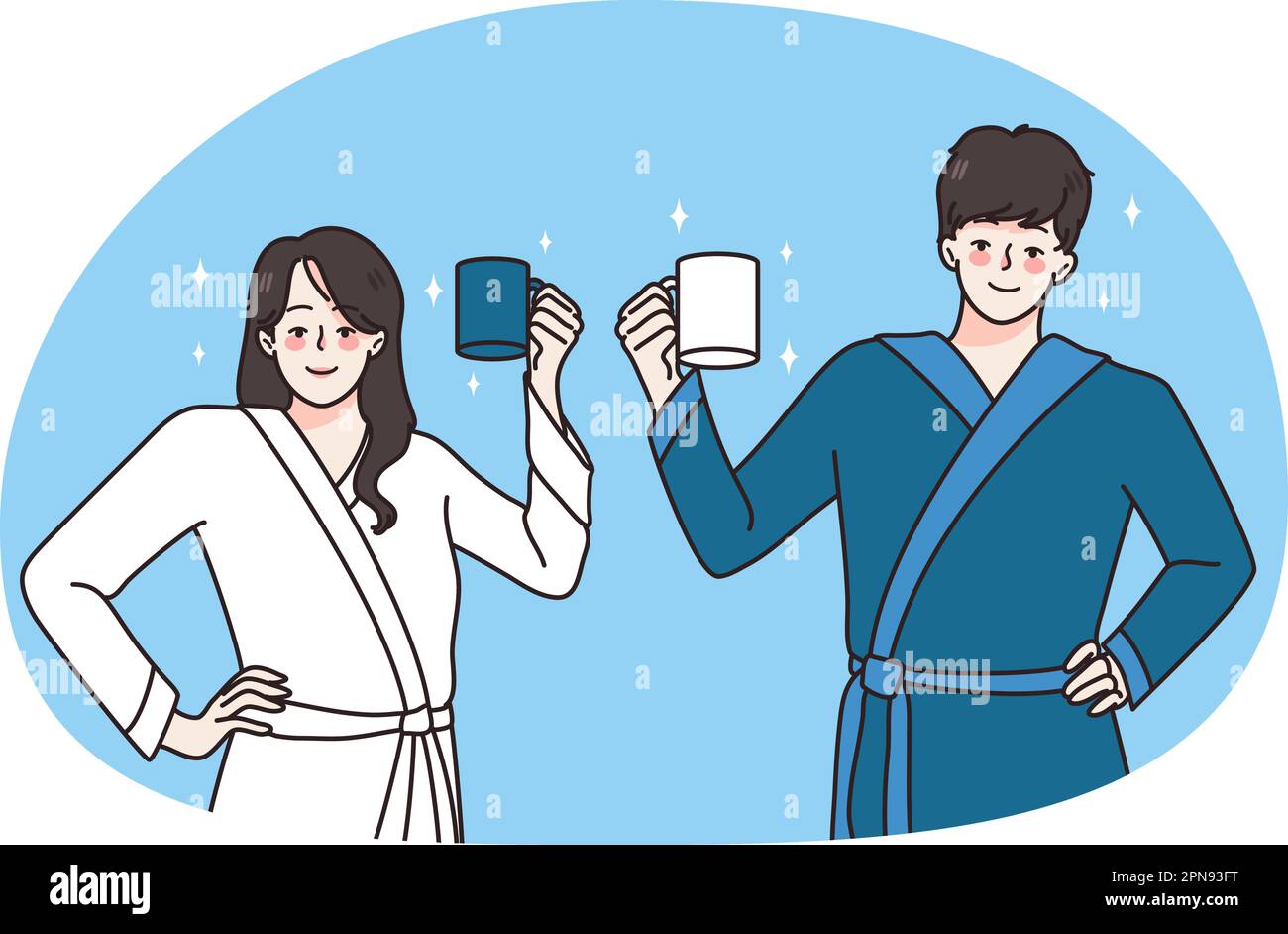 Happy young couple in bathrobes hold mugs drinking coffee in morning