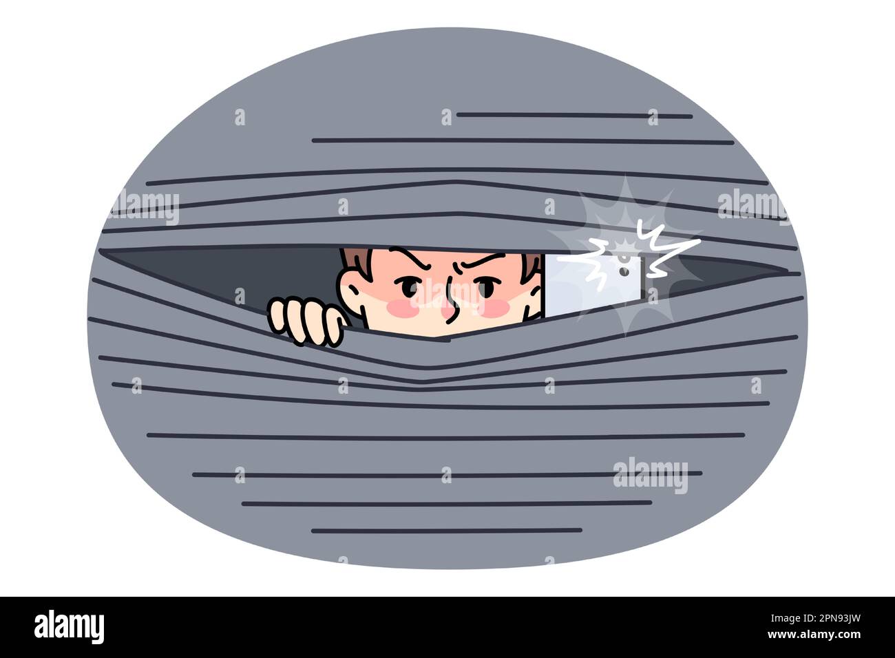 Male paparazzi hide behind curtain take pictures with camera. Man photographer hidden from