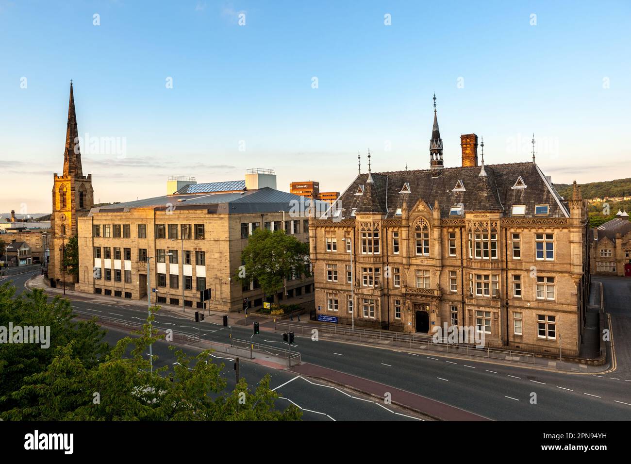 Panoramic view of The tower of St Paul's church,  Huddersfield University's science building and  Huddersfield University's Ramsden , UK Stock Photo