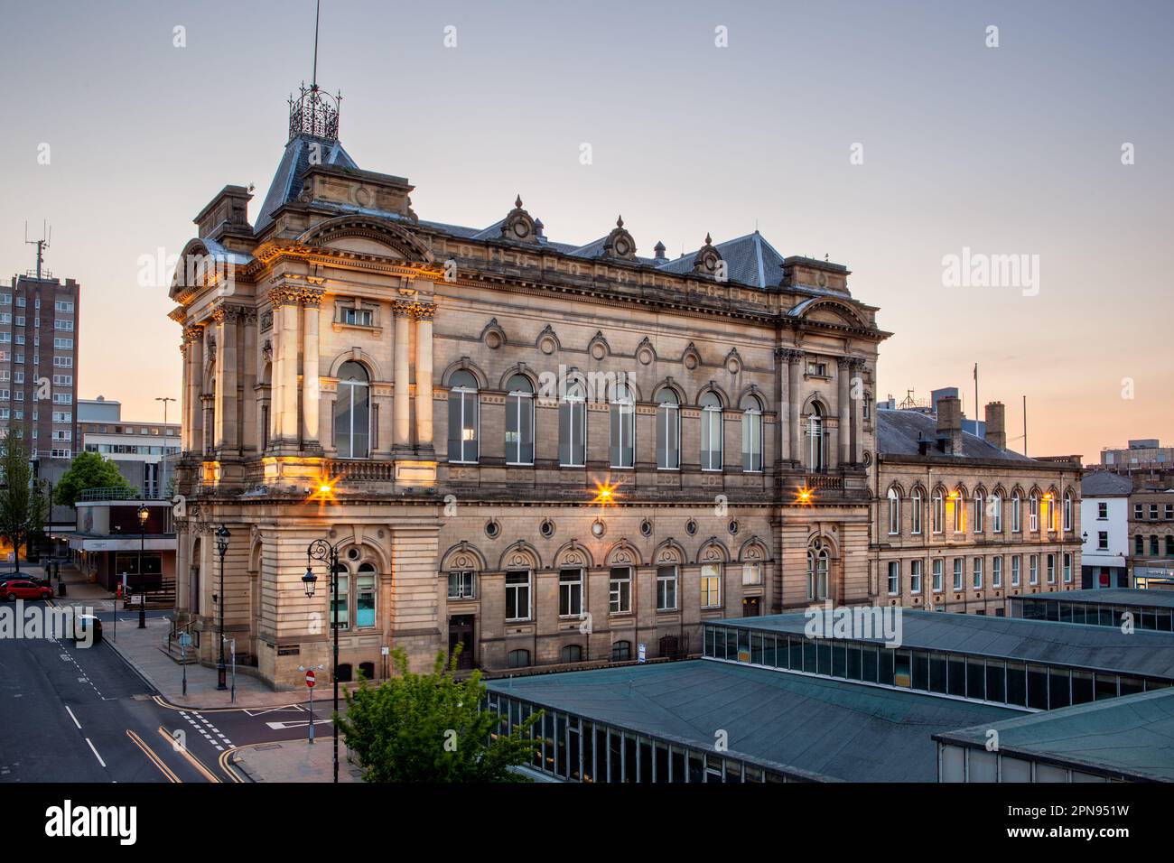 Concert Hall is an impressive building in the heart of Huddersfield, UK Stock Photo