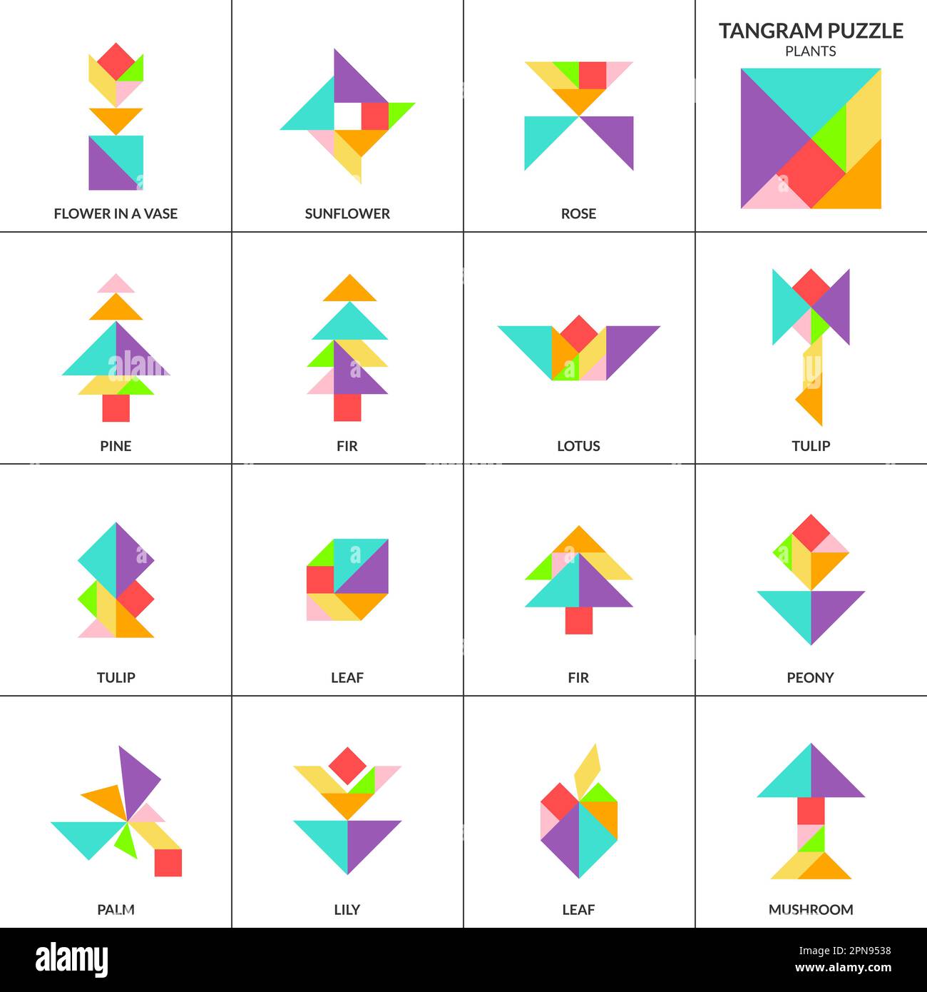 Tangram puzzle. Vector set with various plants. Stock Vector