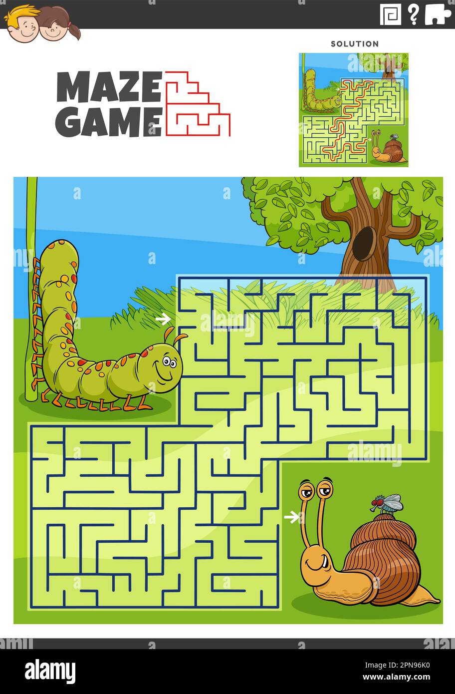 Cartoon illustration of educational maze puzzle activity for children ...
