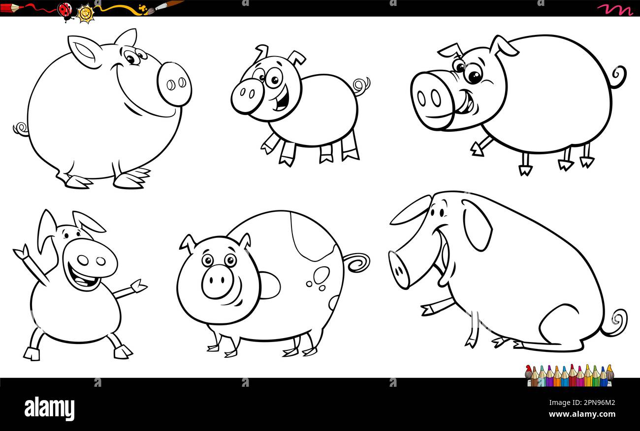 Black and white cartoon illustration of funny pigs farm animal