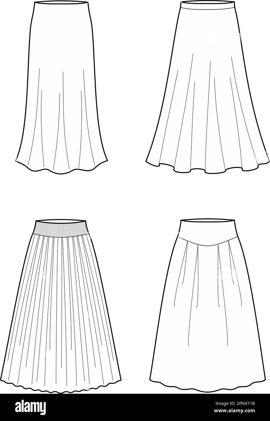 Long flared smocked skirt. Waist belt with a bow. Floor length. Technical  flat sketch. Vector illustration. Stock Vector | Adobe Stock
