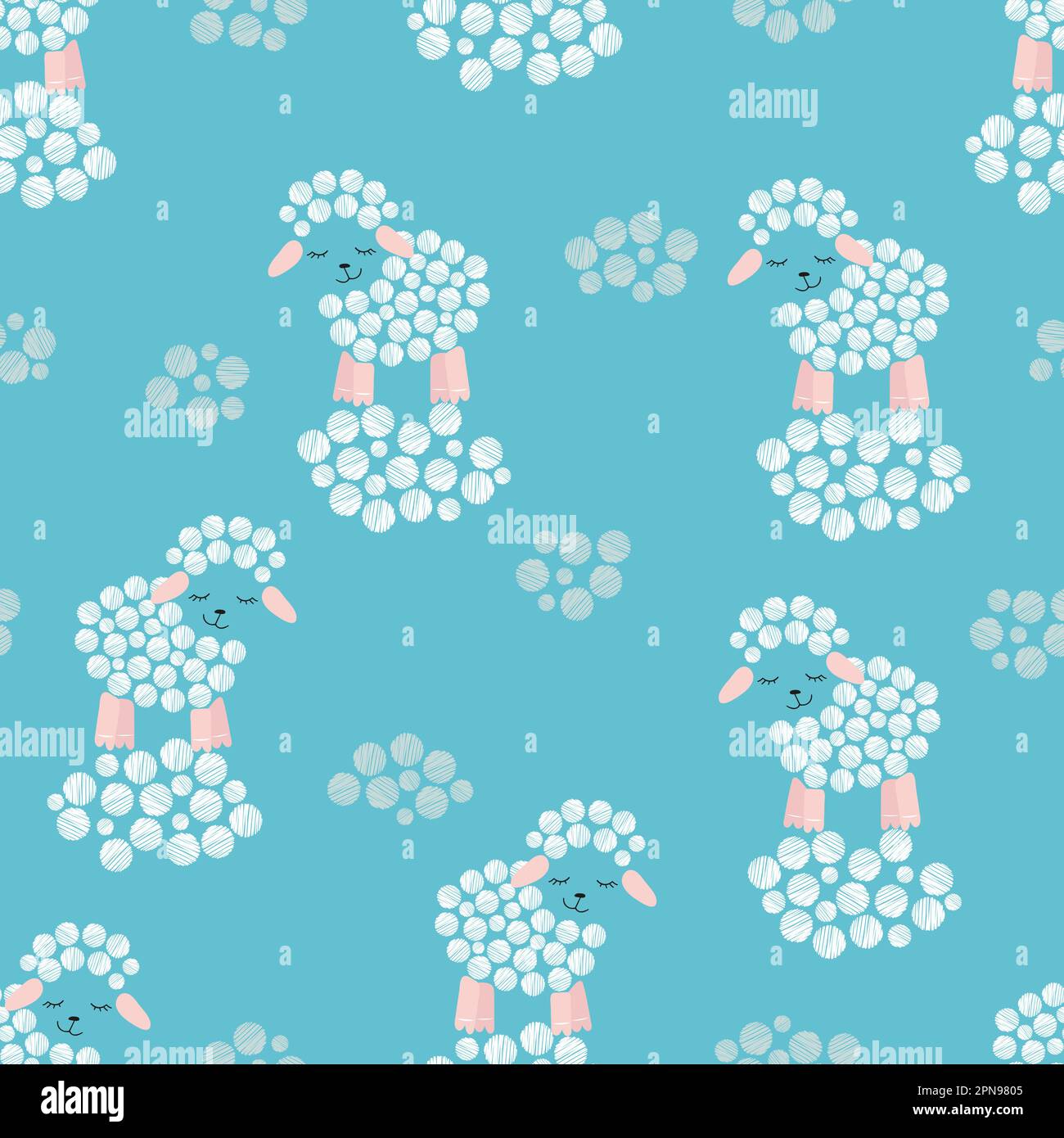 Seamless pattern with cute sheep on blue. Vector illustration. Stock Vector