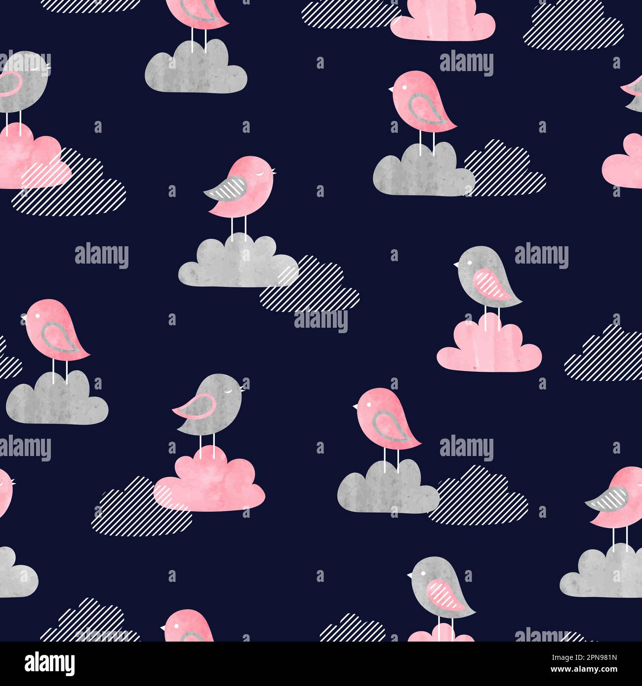 Seamless pattern with cute birds and clouds. Design for kids. Vector ...