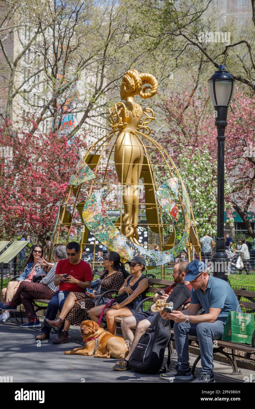 Spring in Madison Square Park, with bronze sculpture, Ladies' Mile, New York City Stock Photo