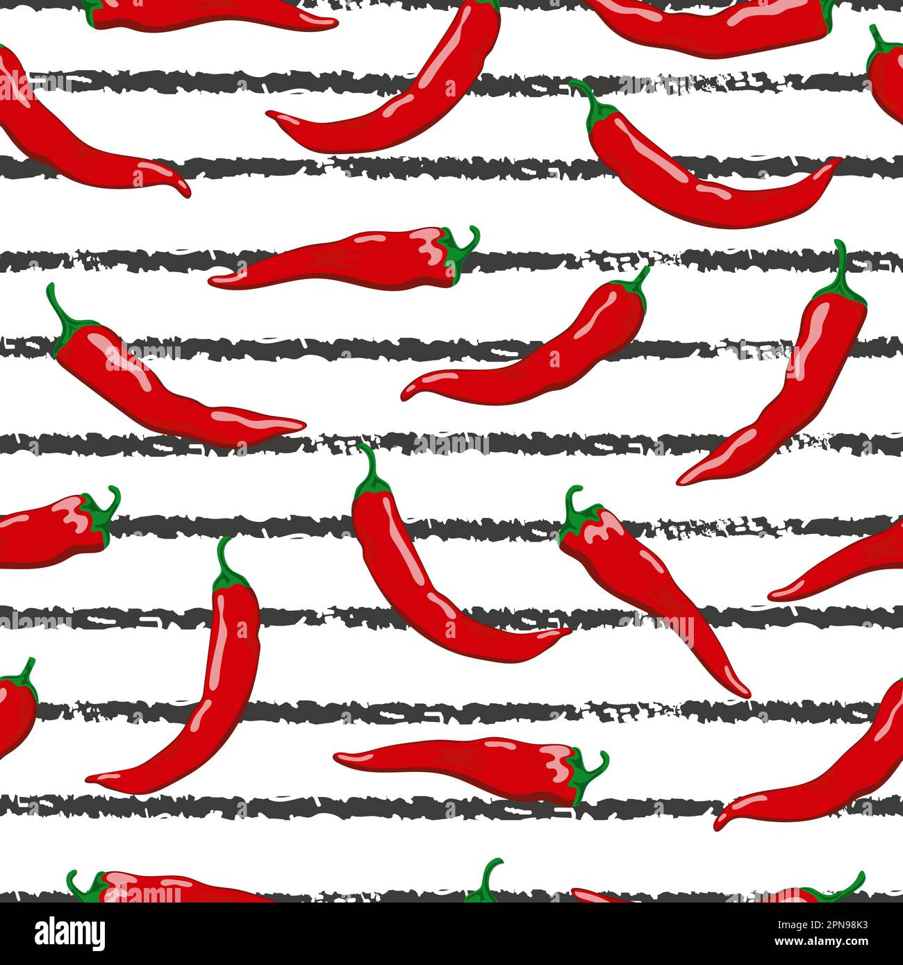 Seamless pattern with hot red chili peppers on striped background. Stock Vector