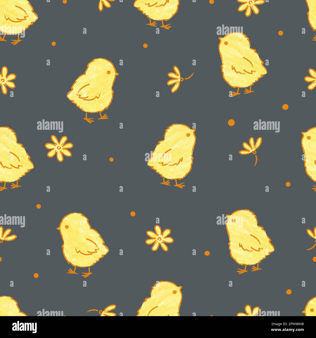 Seamless Easter pattern with cute yellow chickens and flowers. Stock Vector