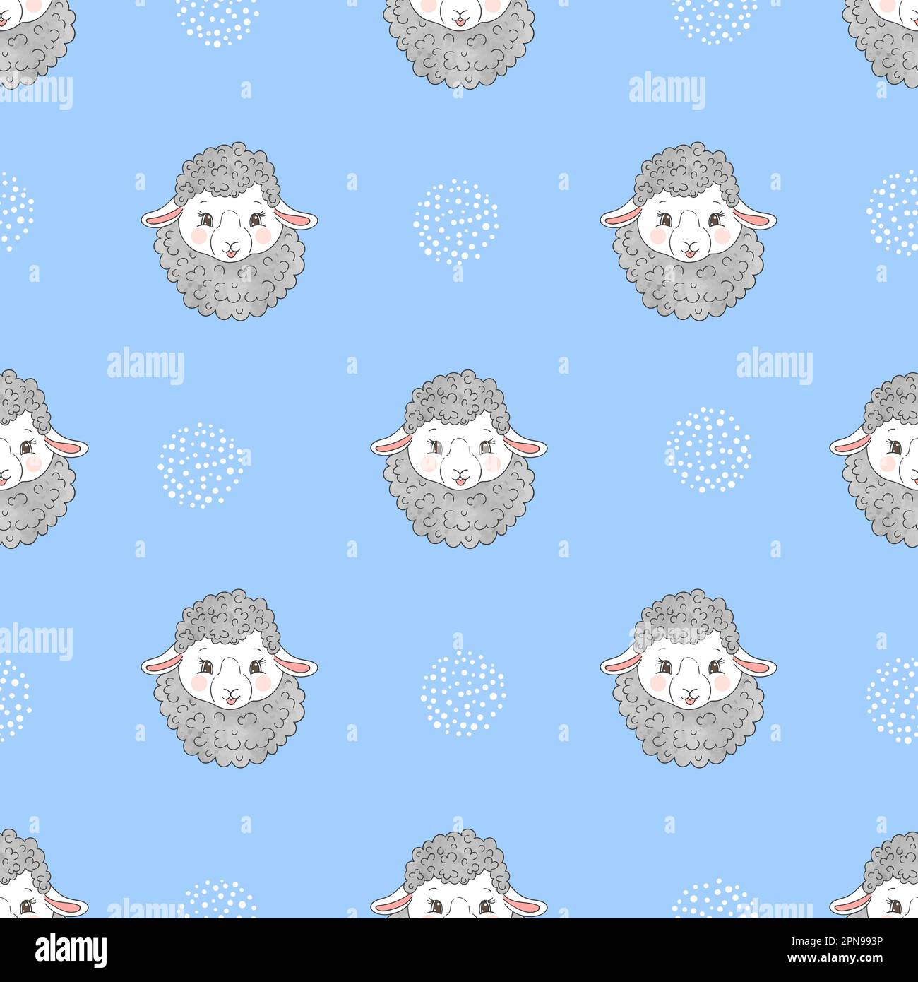 Seamless pattern with cute sheep on blue. Vector background. Stock Vector
