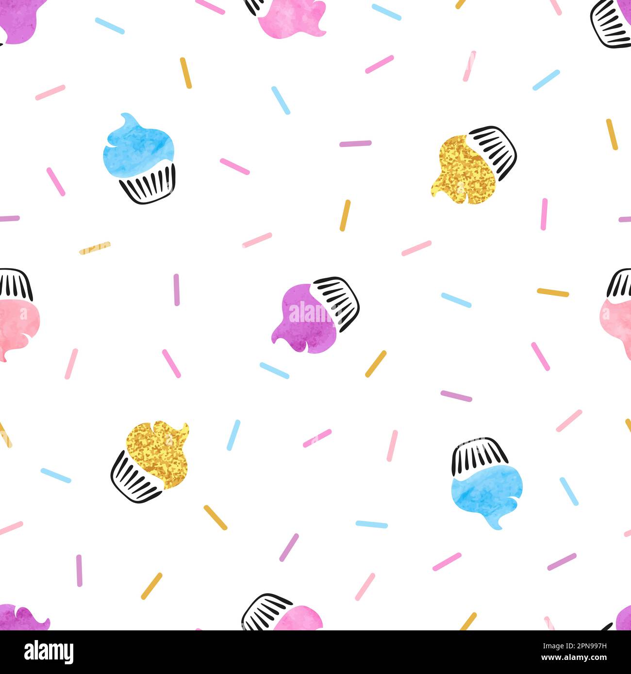 Colorful sweet cupcakes seamless pattern. Vector background with cakes. Stock Vector