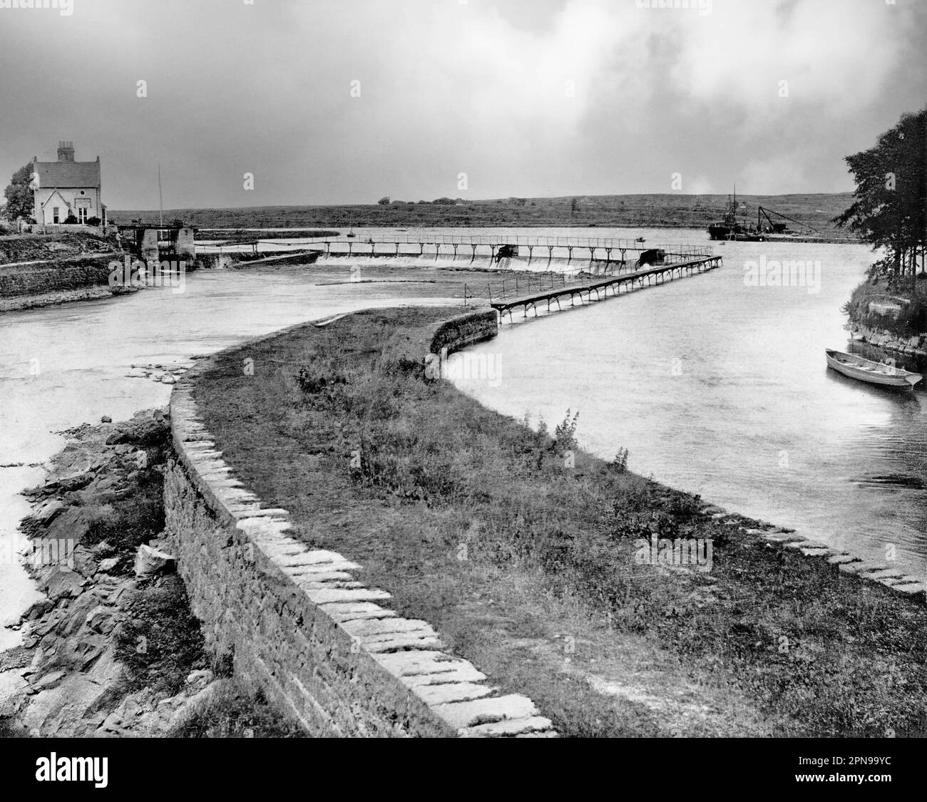 A late 19th century view of the Salmon Weir on the Corrib River at the entrance to Lough Corrib. Galway City, Ireland. Stock Photo