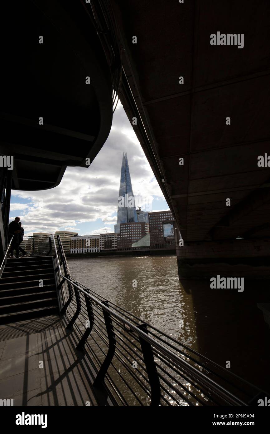 Architectural semi abstract view along the River Thames, London, with the Shard as a focal point. Good sky, high resolution with negative space Stock Photo