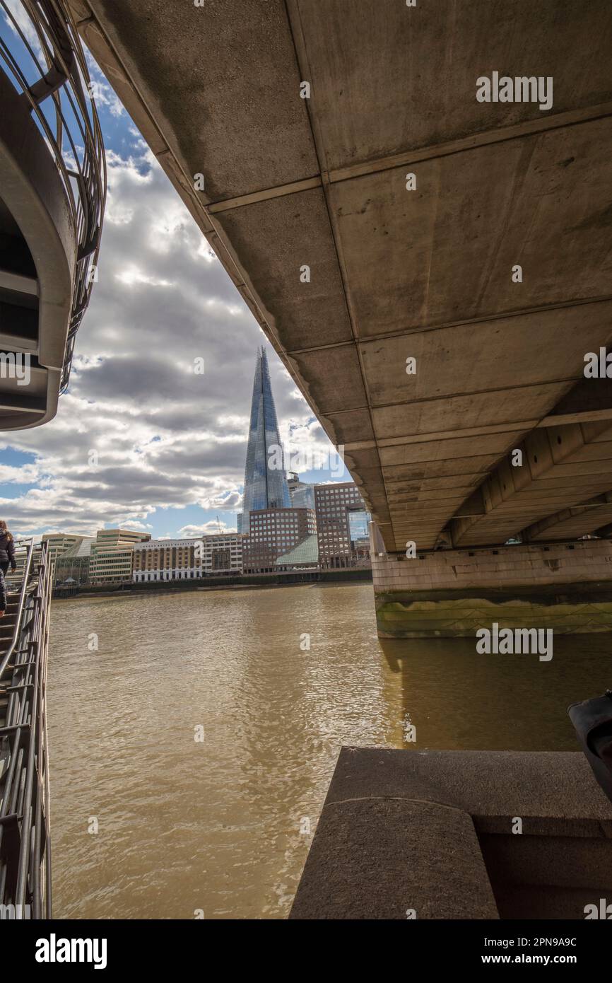 Architectural semi abstract view along the River Thames, London, with the Shard as a focal point. Good sky, high resolution with negative space Stock Photo