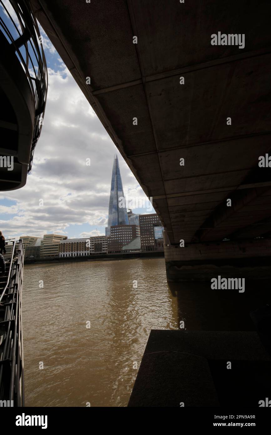 Architectural semi abstract view along the River Thames, London, with the Shard as a focal point. Good sky, high resolution with negative space Stock Photo