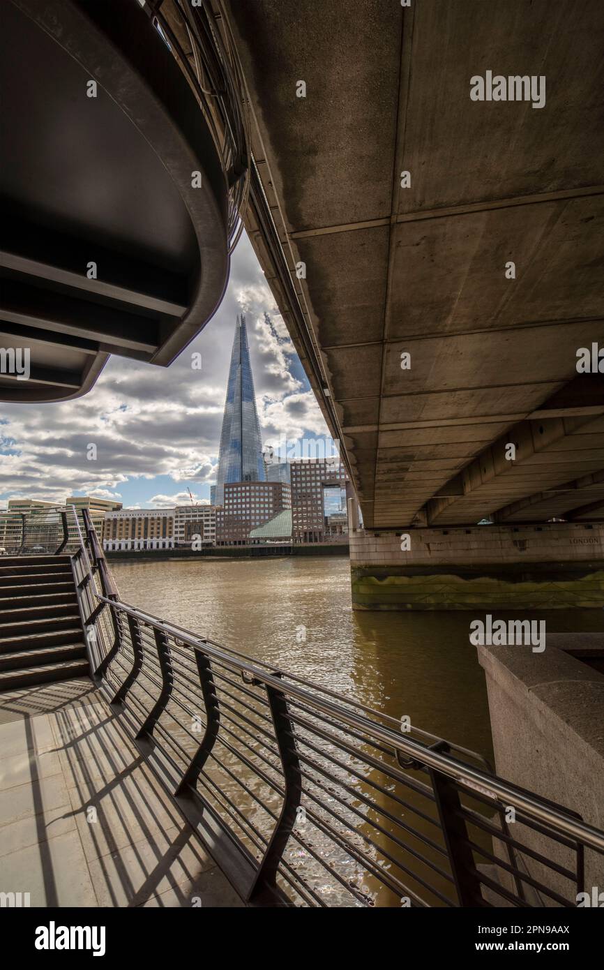 Architectural semi abstract view along the River Thames, London, with the Shard as a focal point. Good sky, high resolution with negative space Stock Photo