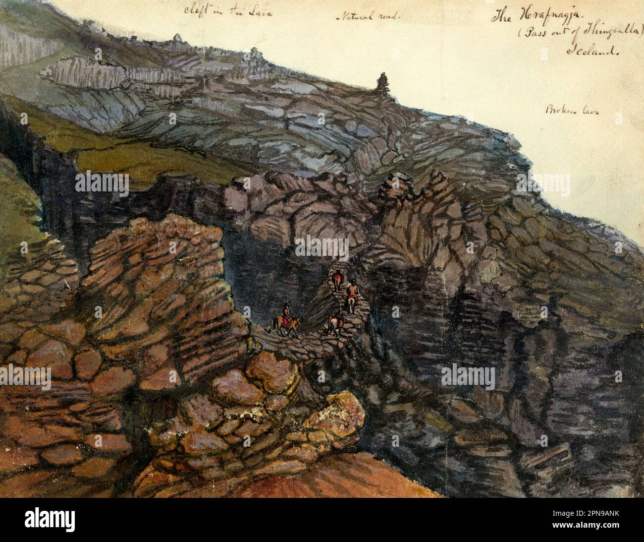 The Hrafnagja (pass out of Thingvalla Iceland) - Drawing shows four men traveling on horseback crossing a thin stone bridge made in the cleft in lava in Iceland. Taylor visited Iceland in 1862, perhaps en route to Russia Stock Photo