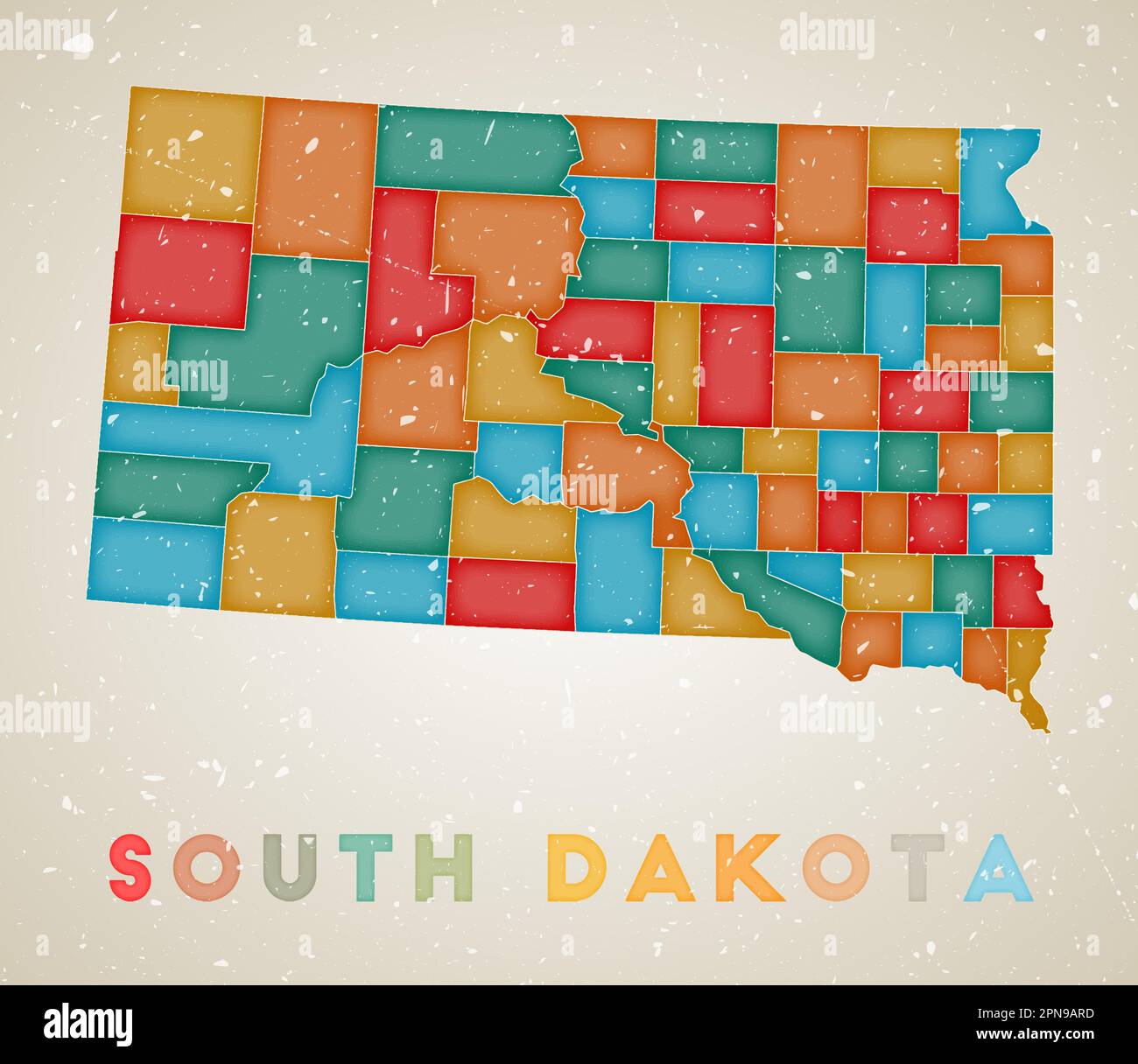 South Dakota map. US state poster with colored regions. Old grunge ...