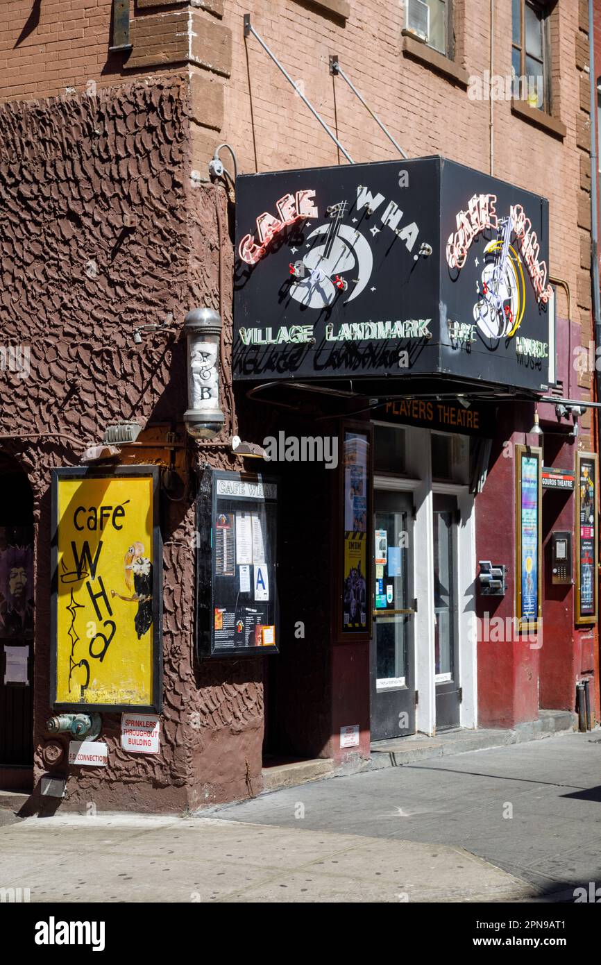 Cafe Wha, Greenwich Village music club, New York City. Was launching pad for many musicians, incl. Dylan, Janis, Hendrix, Springsteen Stock Photo