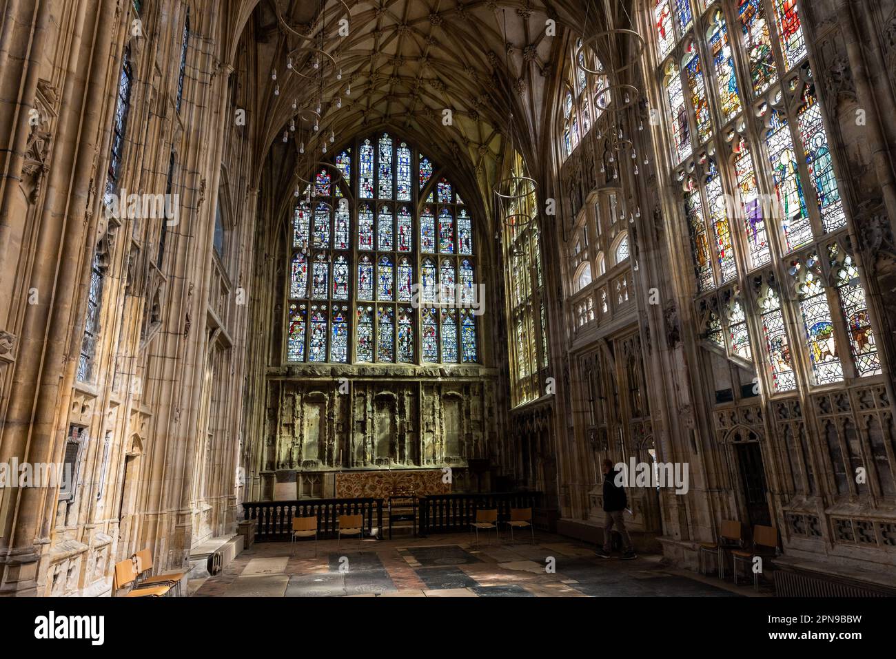 Gloucester, UK. 13th April, 2023. The recently restored Lady Chapel at Gloucester Cathedral has a vaulted roof and stained glass windows which were made famous by the Arts and Crafts designer Christopher Whall in the early 1900s. Credit: Mark Kerrison/Alamy Live News Stock Photo