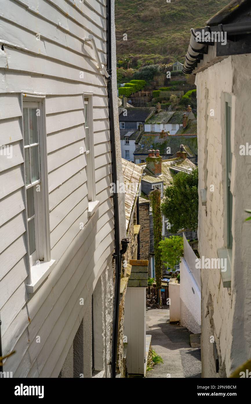 Looking down a narrow street in Port Isaac Cornwall. Stock Photo