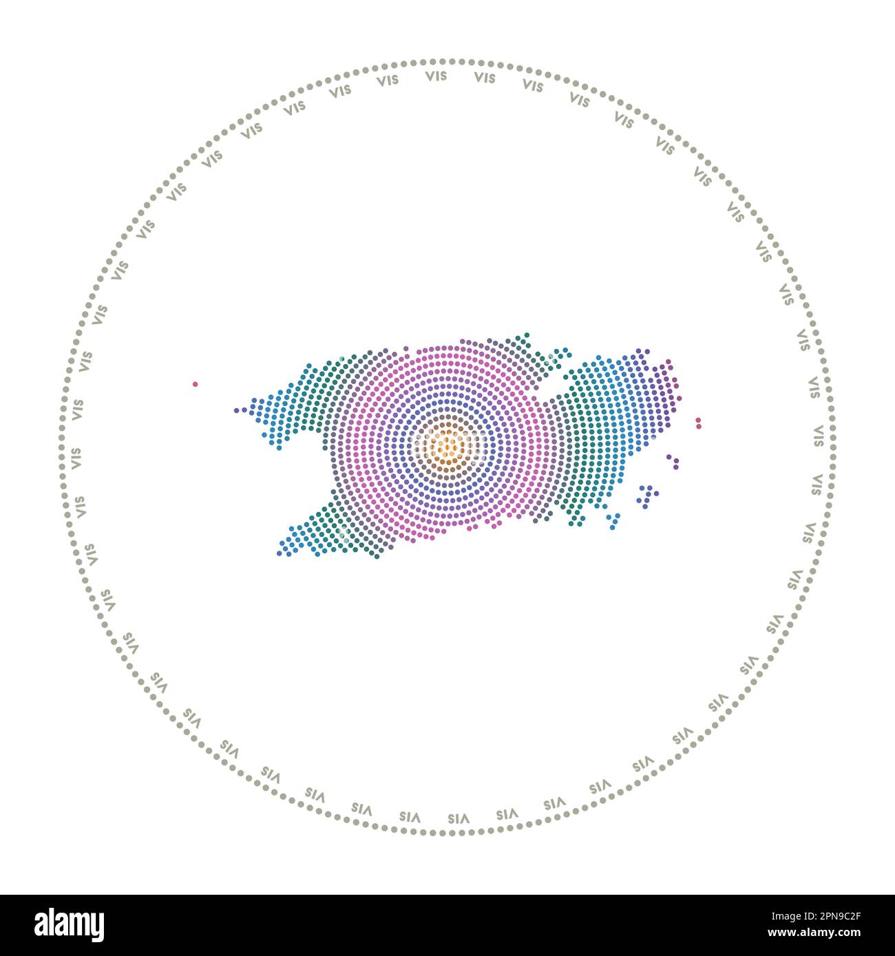 Vis round logo. Digital style shape of Vis in dotted circle with island name. Tech icon of the island with gradiented dots. Radiant vector illustratio Stock Vector