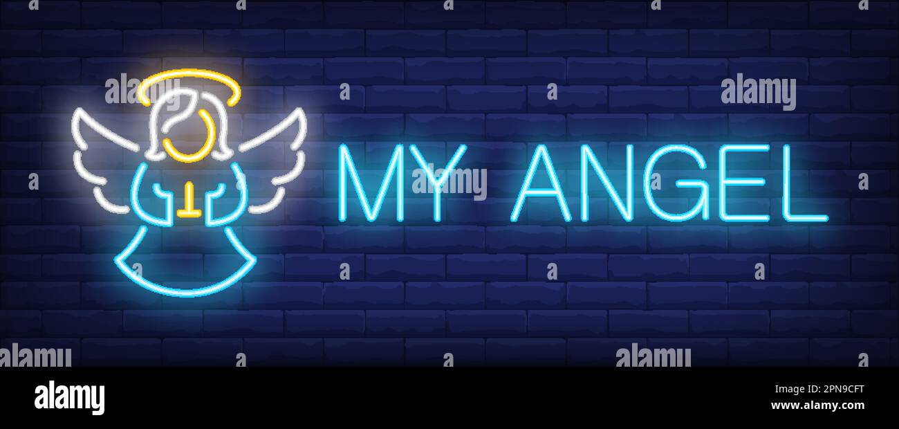 My angel neon text and cute girl with wings praying Stock Vector