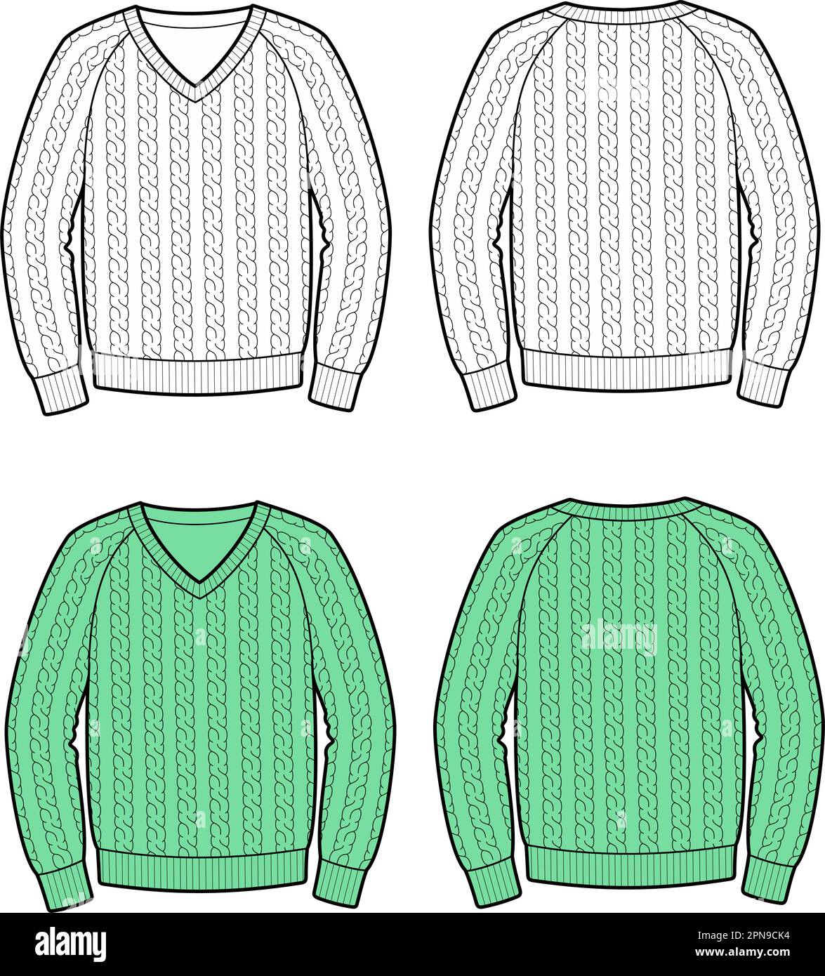 Mens cable knit jumper. Front and back. Stock Vector