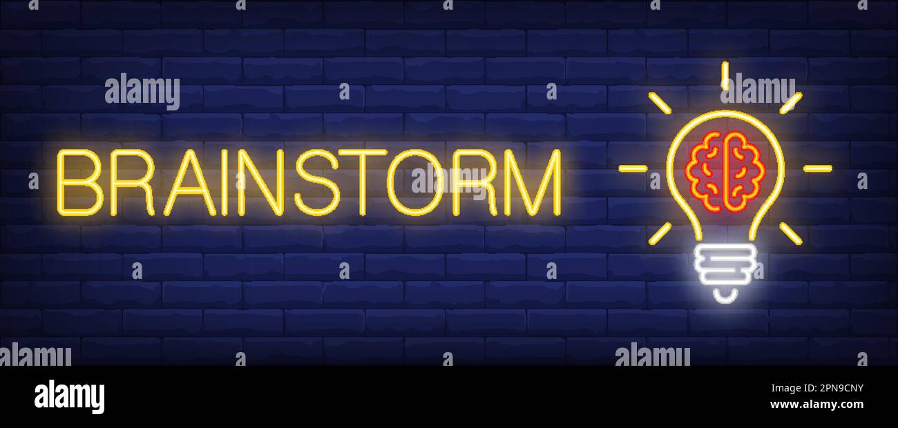 Brainstorm neon text with light bulb Stock Vector