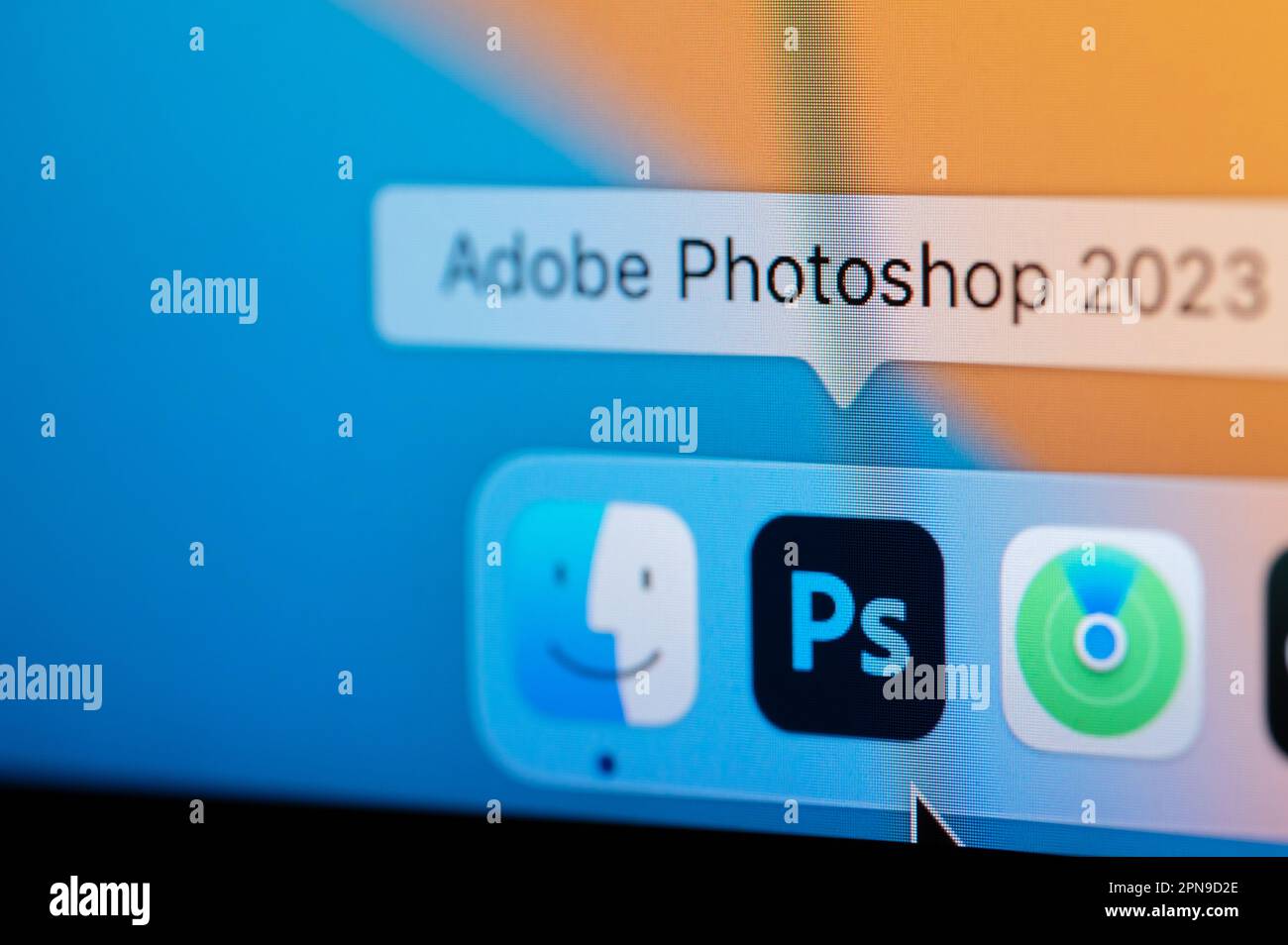 New york, USA - April 12, 2023: Open Adobe Photoshop 2023 app in macbook dock to edit photo on computer screen close up view Stock Photo