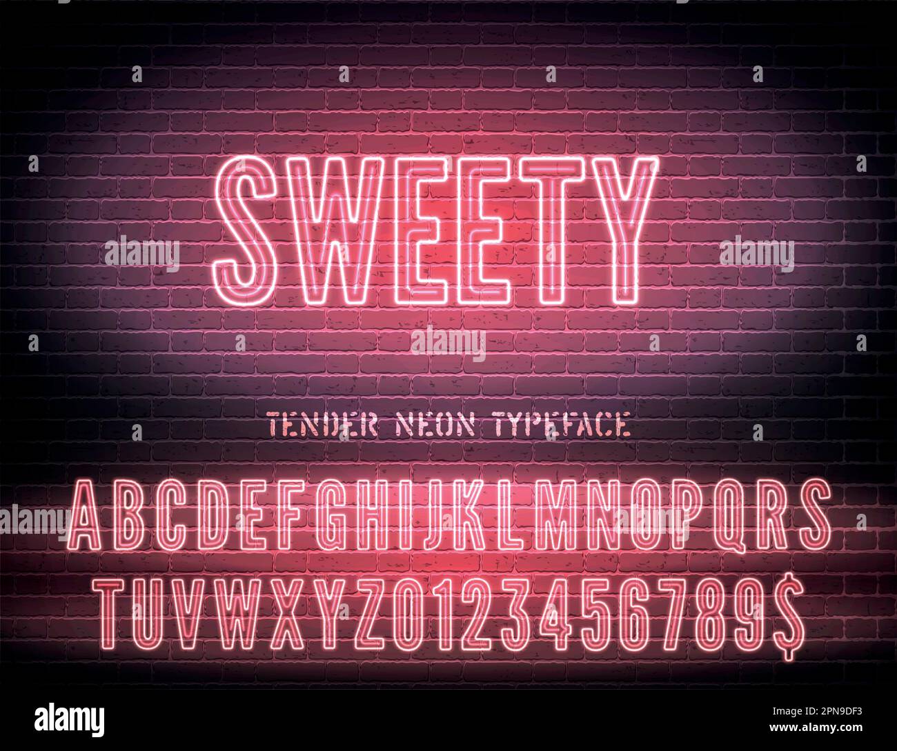 Sweety sign with narrow bold pink neon alphabet on dark brick wall background. Strawberry pink night light extra glowing effect font with numbers. Vector illustration Stock Vector