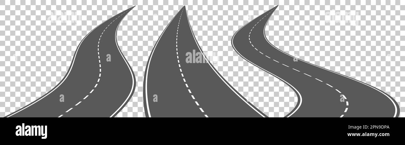Set of 3 vector roads wit white marks isolated on transparent background. Vector EPS 10. Stock Vector