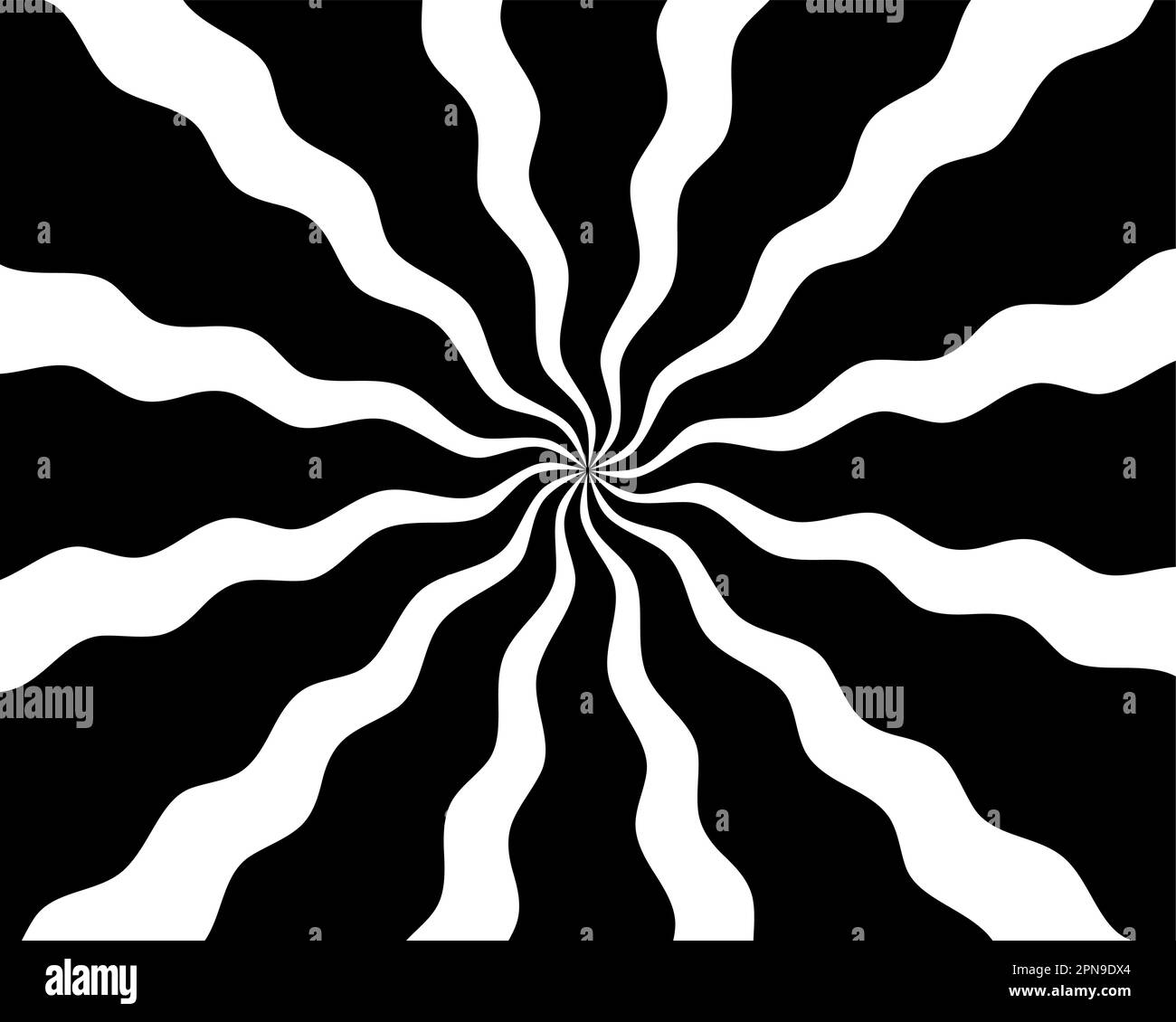 Black and white hypnotic spiral wave rays background. Psychedelic sunburst retro design. Stock Vector