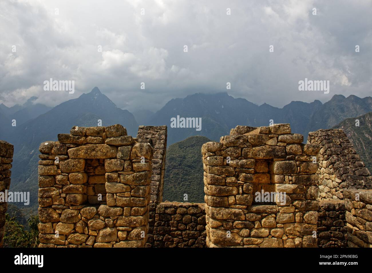 The view of the neighboring mountains from Machu Picchu, Cusco Department, Peru Stock Photo
