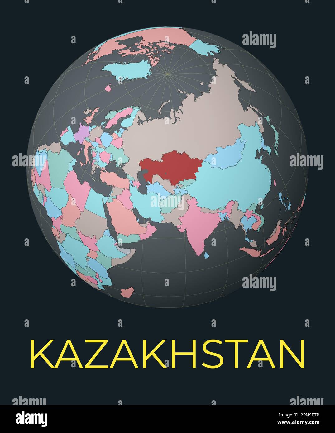 World Map Centered On Kazakhstan Red Country Highlighted Satellite World Map Centered On Kazakhstan Red Country Highlighted Satellite World View Centered On The Country With Name Vector Illustration 2PN9ETR