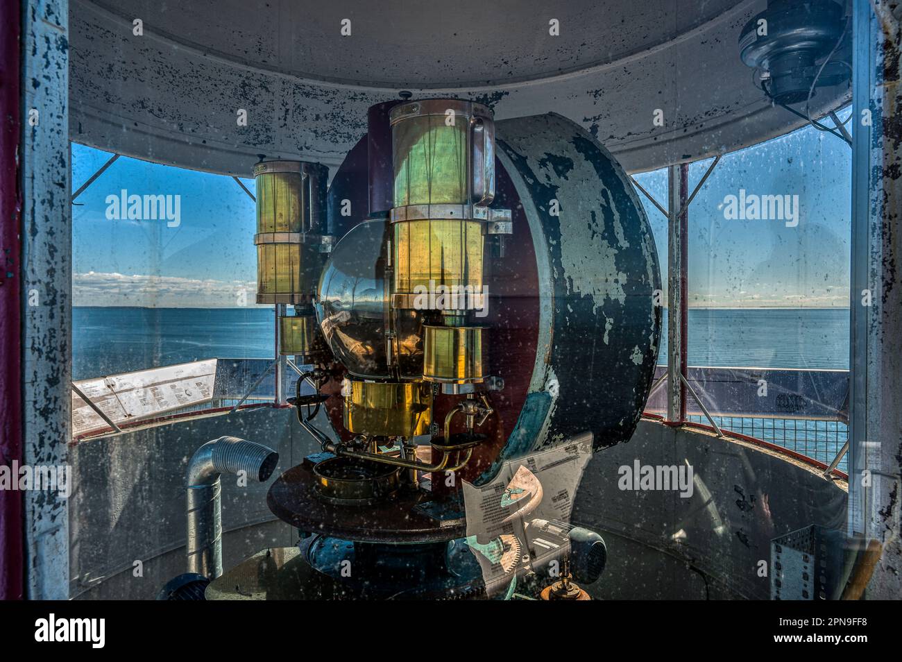 the lantern and old equipment of the Røsnæs Lighthouse at Kalundborg, Denmark, April 4, 2023 Stock Photo