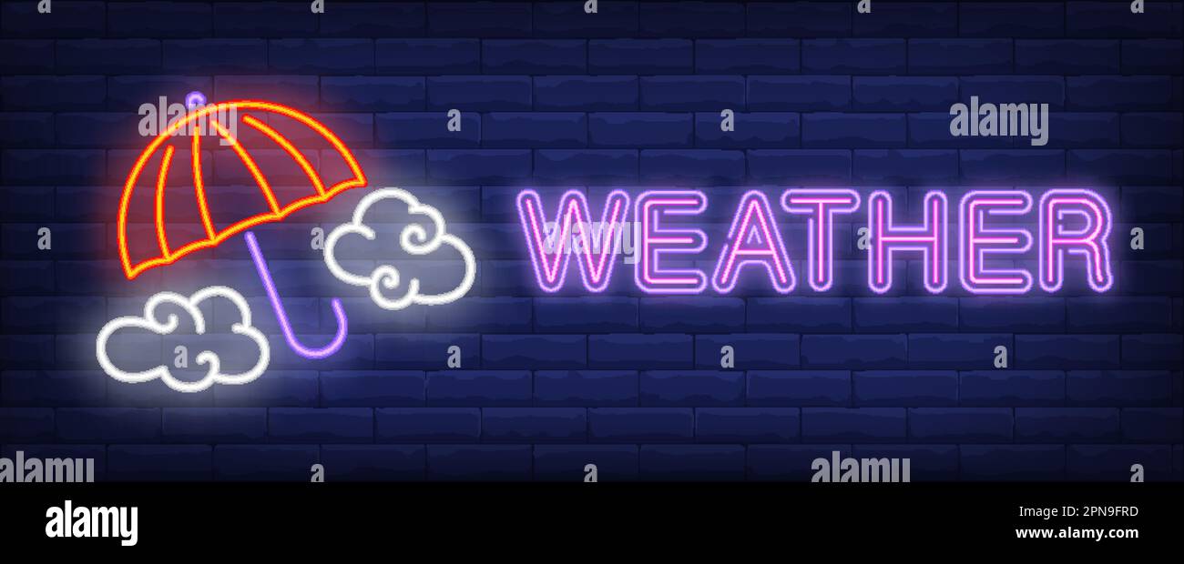 Weather neon text with umbrella and clouds Stock Vector