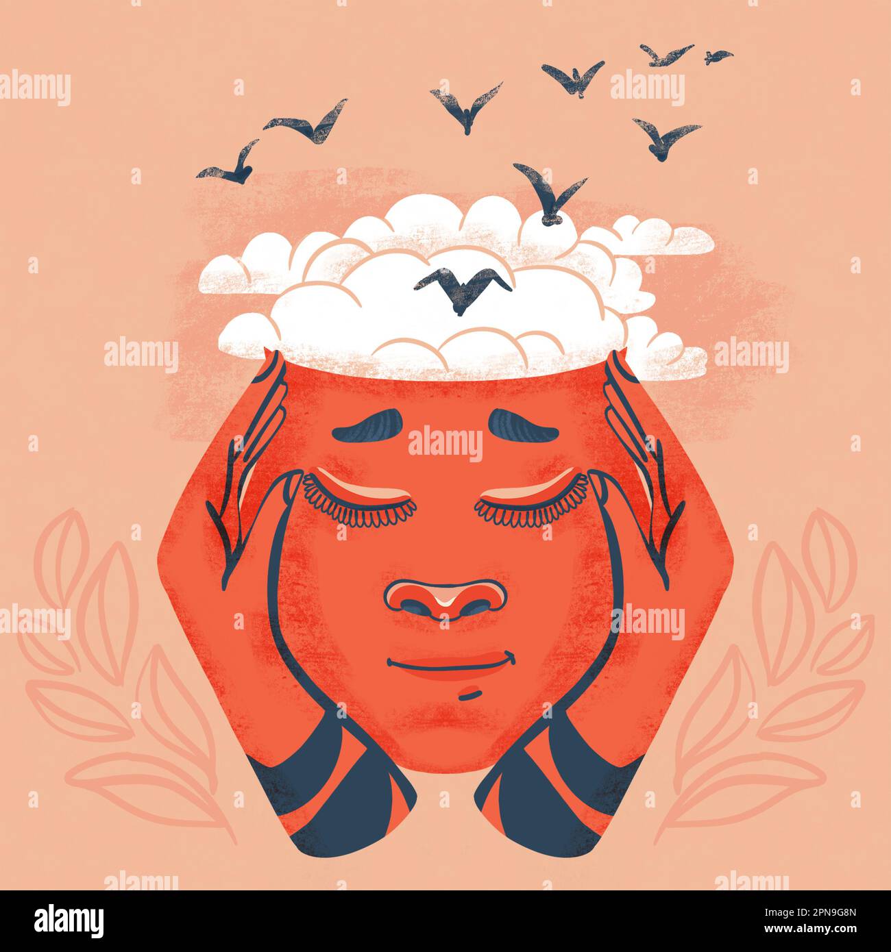 Human head with brainshaped clouds. Flying birds as a symbol of dreams