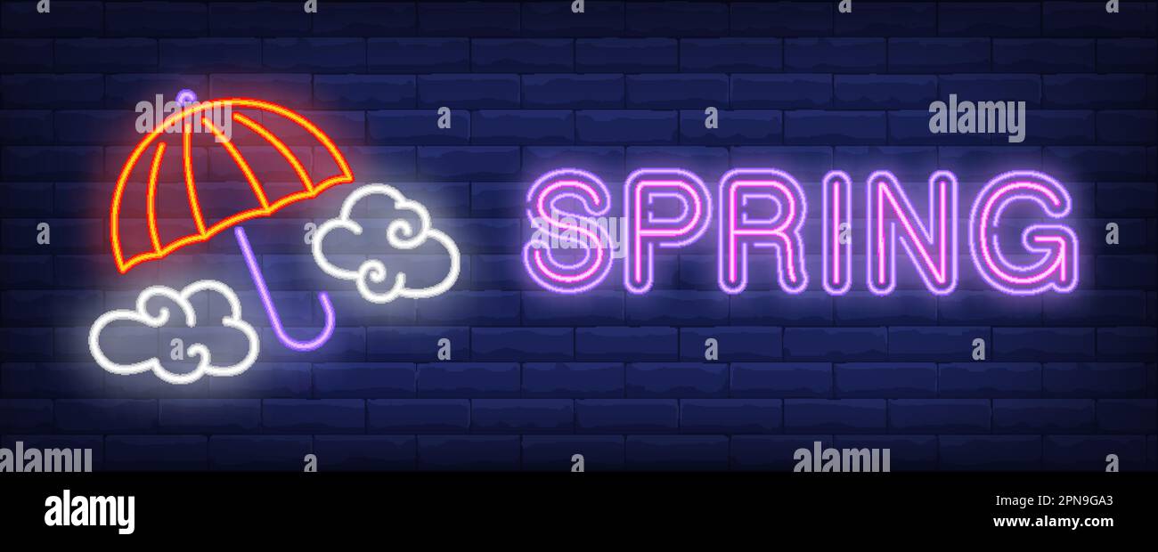 Spring neon text with umbrella and clouds Stock Vector Image & Art - Alamy