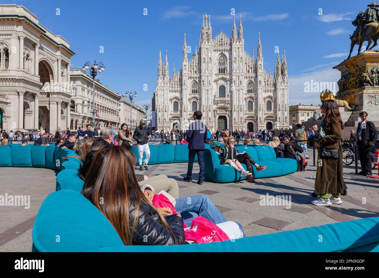Milan, Italy - April 17, 2023: Fuorisalone design week. Installation of  armchairs by Divani and Divani by natuzzi in Piazza del Duomo Stock Photo -  Alamy