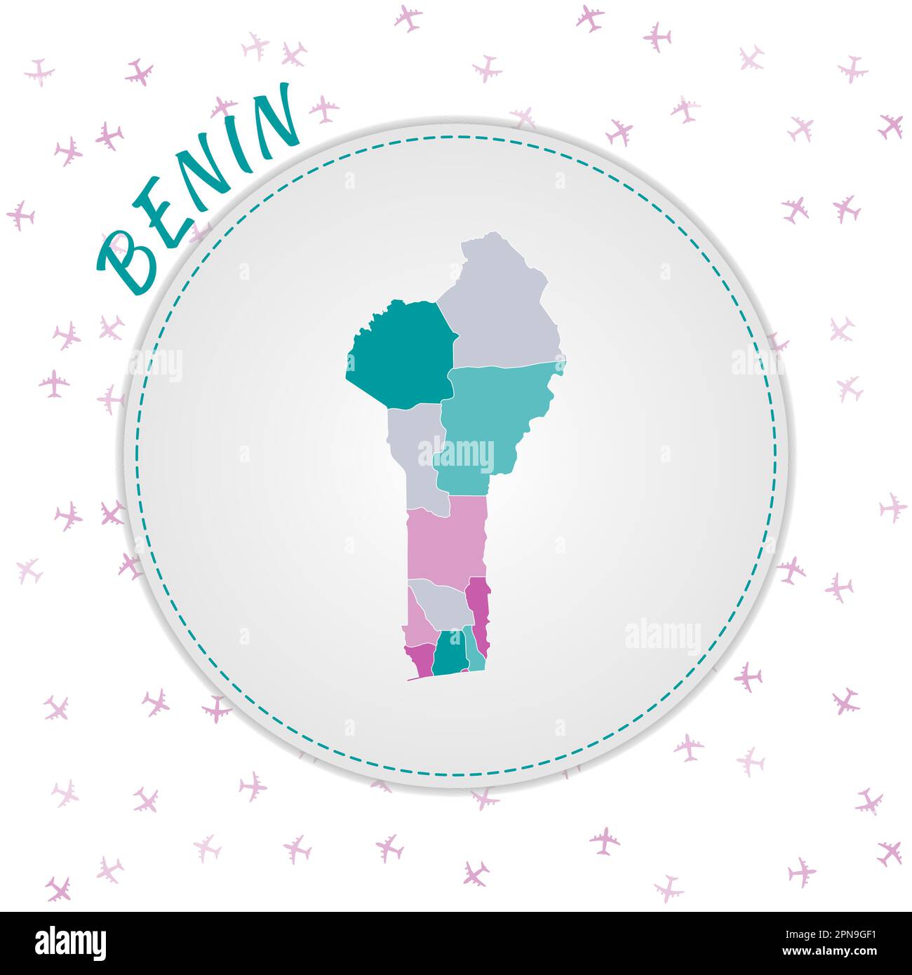 Benin map design. Map of the country with regions in emerald-amethyst color palette. Stock Vector