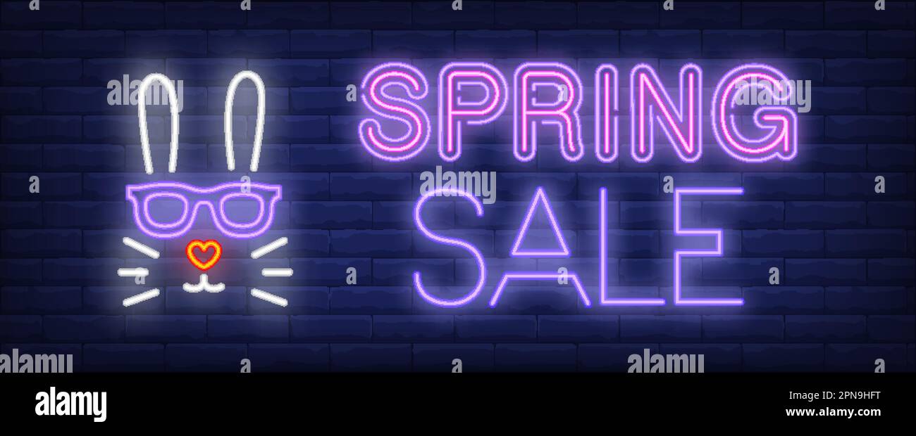 Spring sale neon text with rabbit head Stock Vector