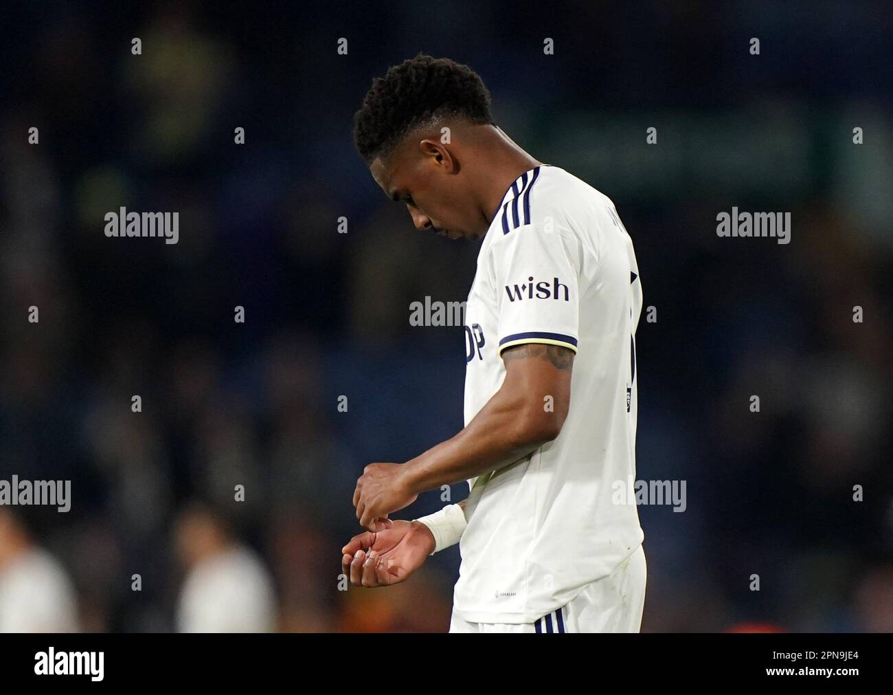 Leeds United's Junior Firpo looks dejected after the Premier League match at Elland Road, Leeds. Picture date: Monday April 17, 2023. Stock Photo