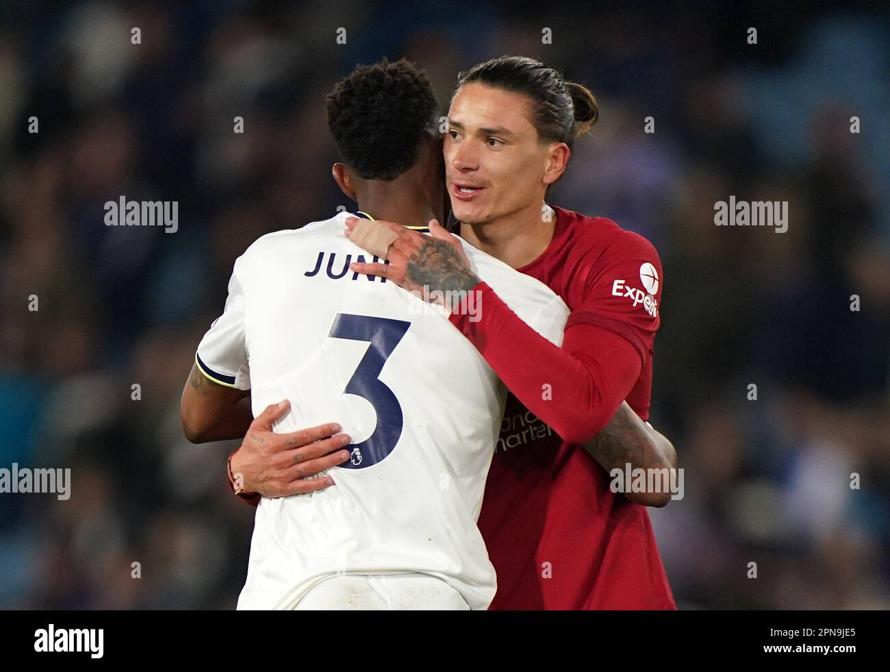 Leeds United's Junior Firpo and Liverpool's Darwin Nunez after the Premier League match at Elland Road, Leeds. Picture date: Monday April 17, 2023. Stock Photo