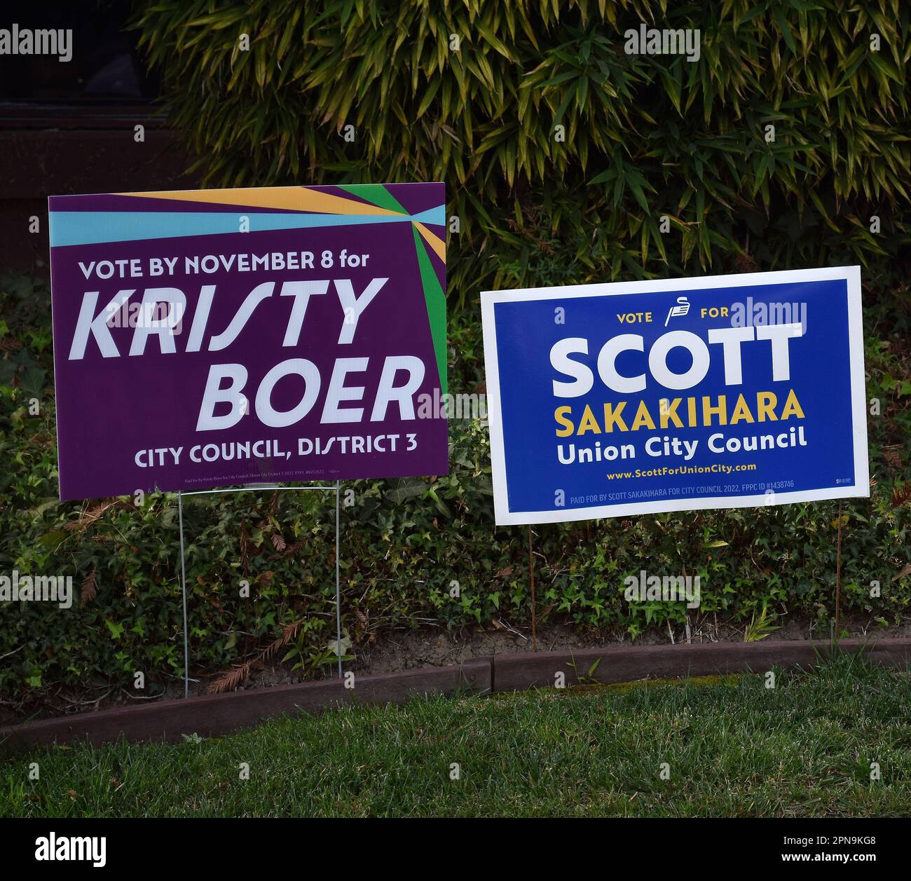 local candidates' campaign signs in front of the Democratic headquarters, Ohlone Area in Fremont, California, Stock Photo