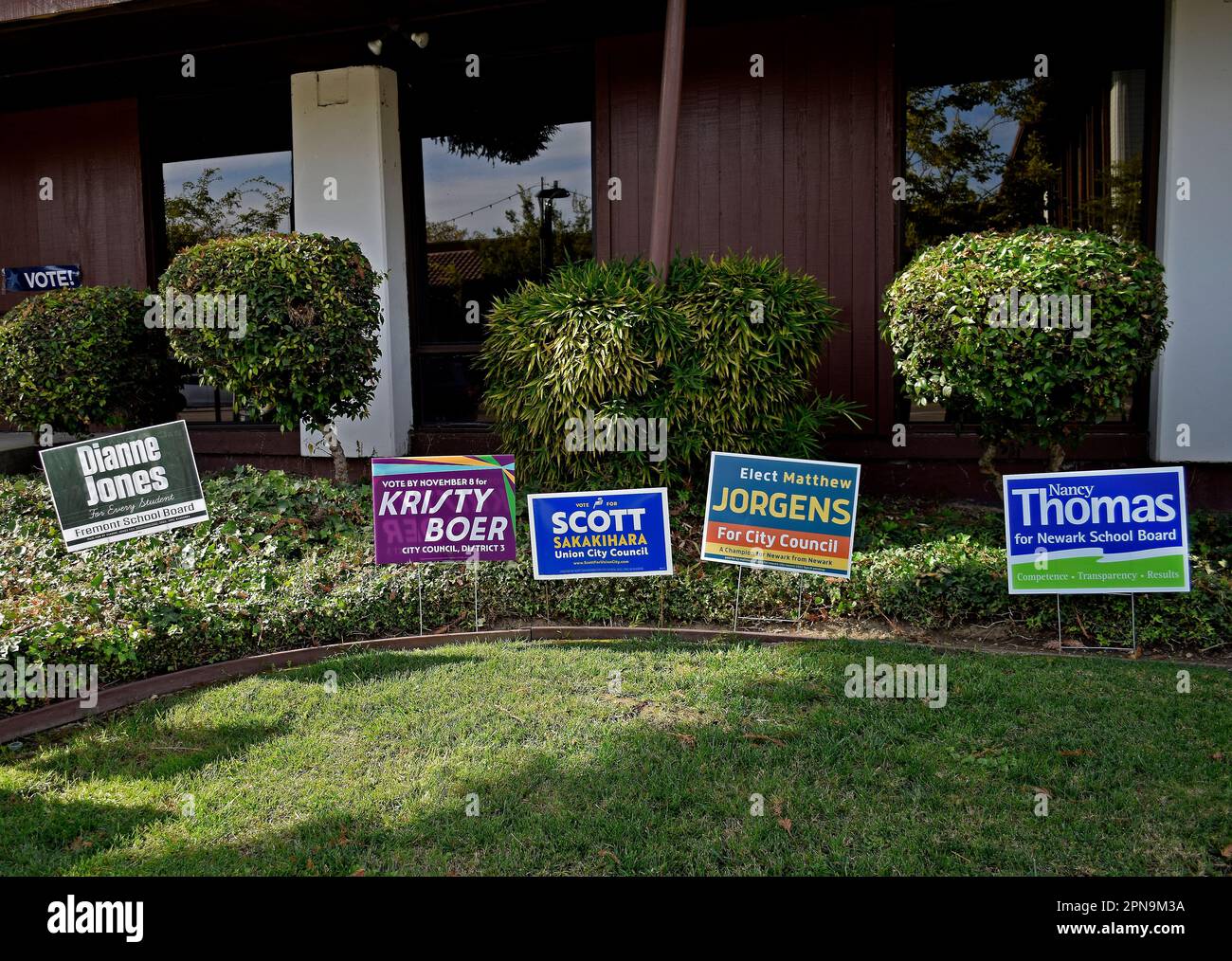 local candidates' campaign signs in front of the Democratic headquarters, Ohlone Area in Fremont, California, Stock Photo