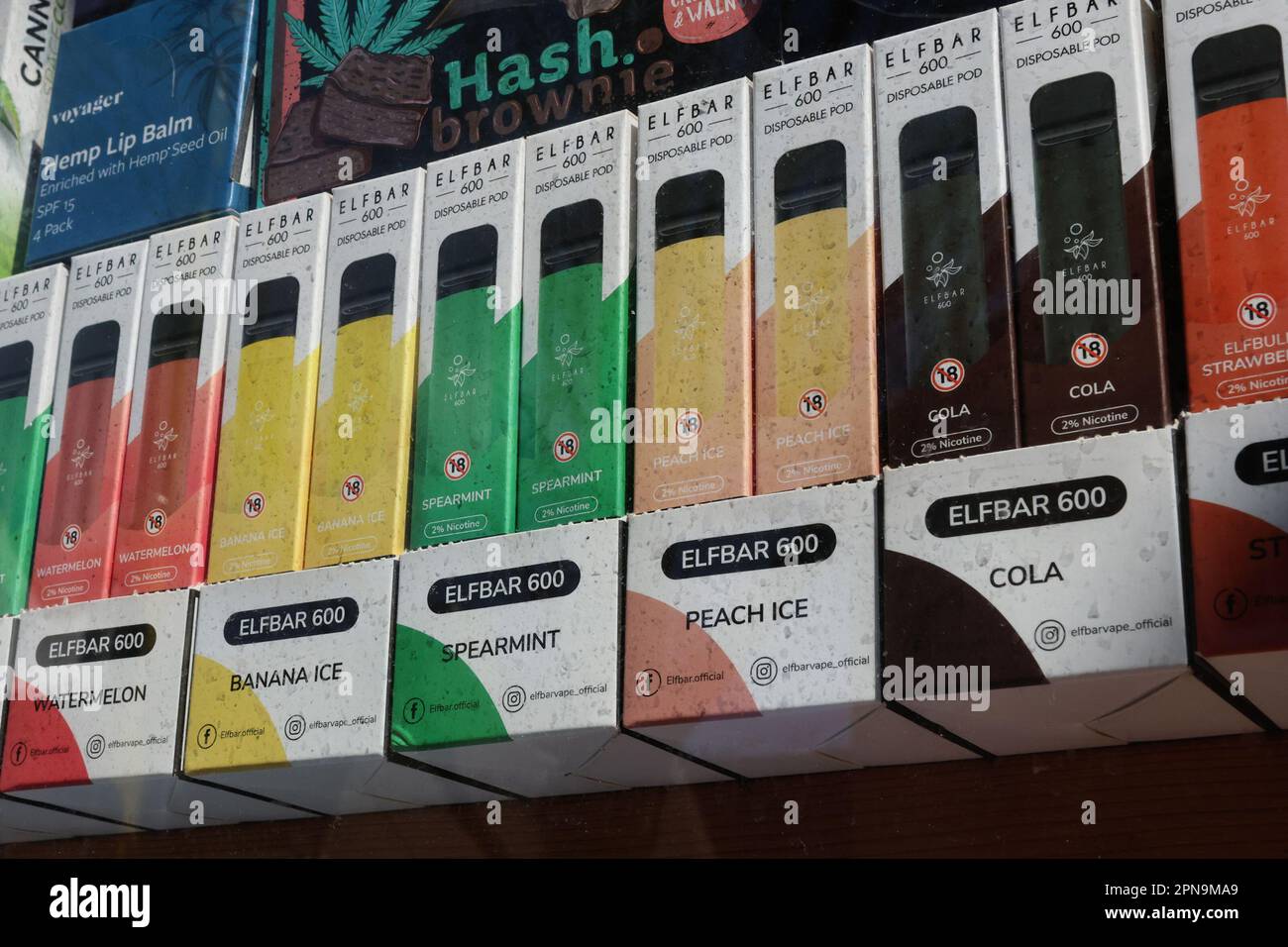Display of disposable vapes in a shop window Stock Photo