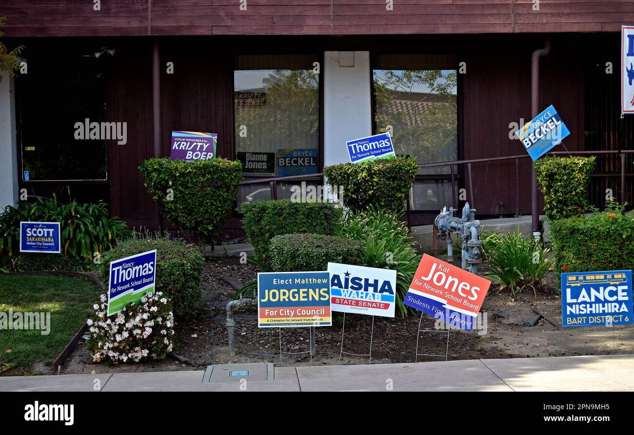 campaign signs in front of the Democratic headquarters, Ohlone Area in Fremont, California, Stock Photo