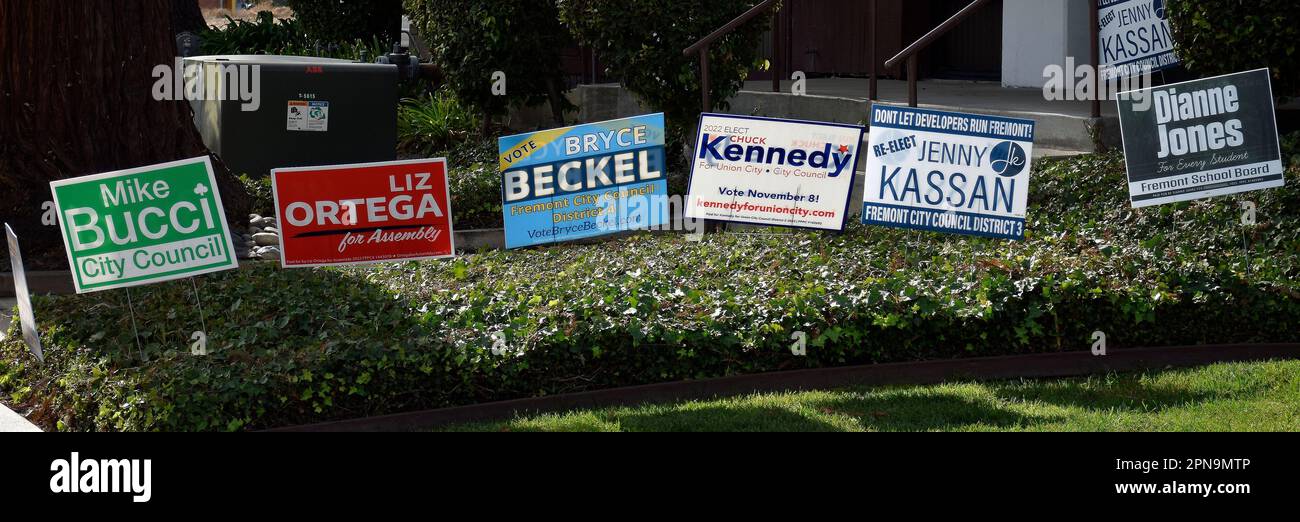 campaign signs in front of the Democratic headquarters, Ohlone Area in Fremont, California, Stock Photo